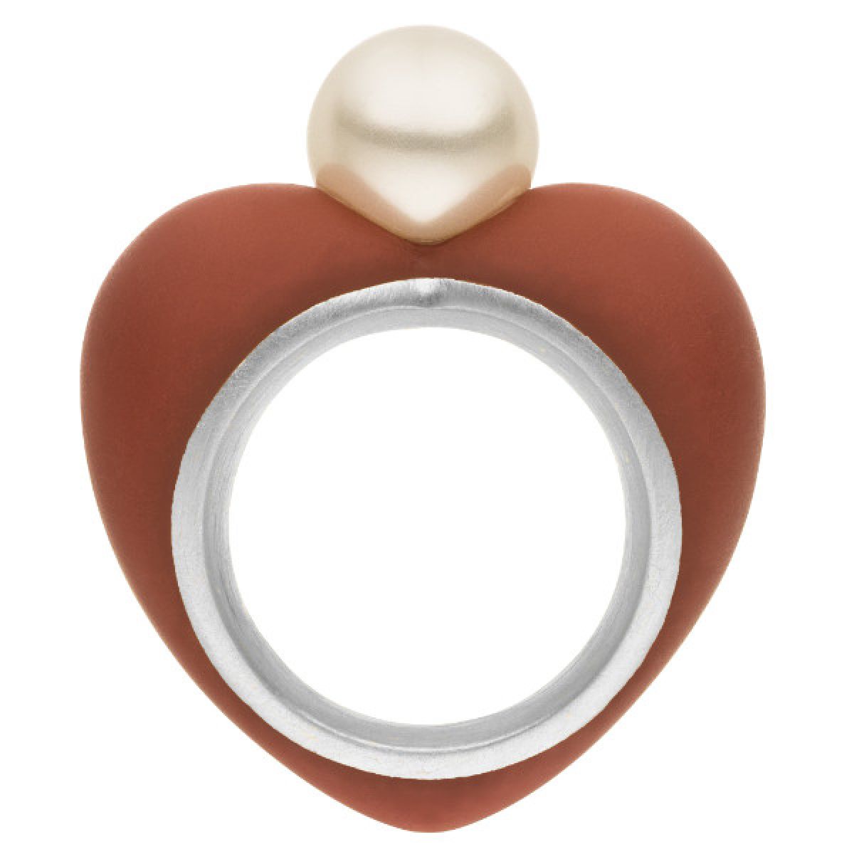 Herzring aus 935 Silber mit farbigem Kunstharz-Korpus und strahlend weißer Süßwasserperle – moderner Designklassiker von AMALA.